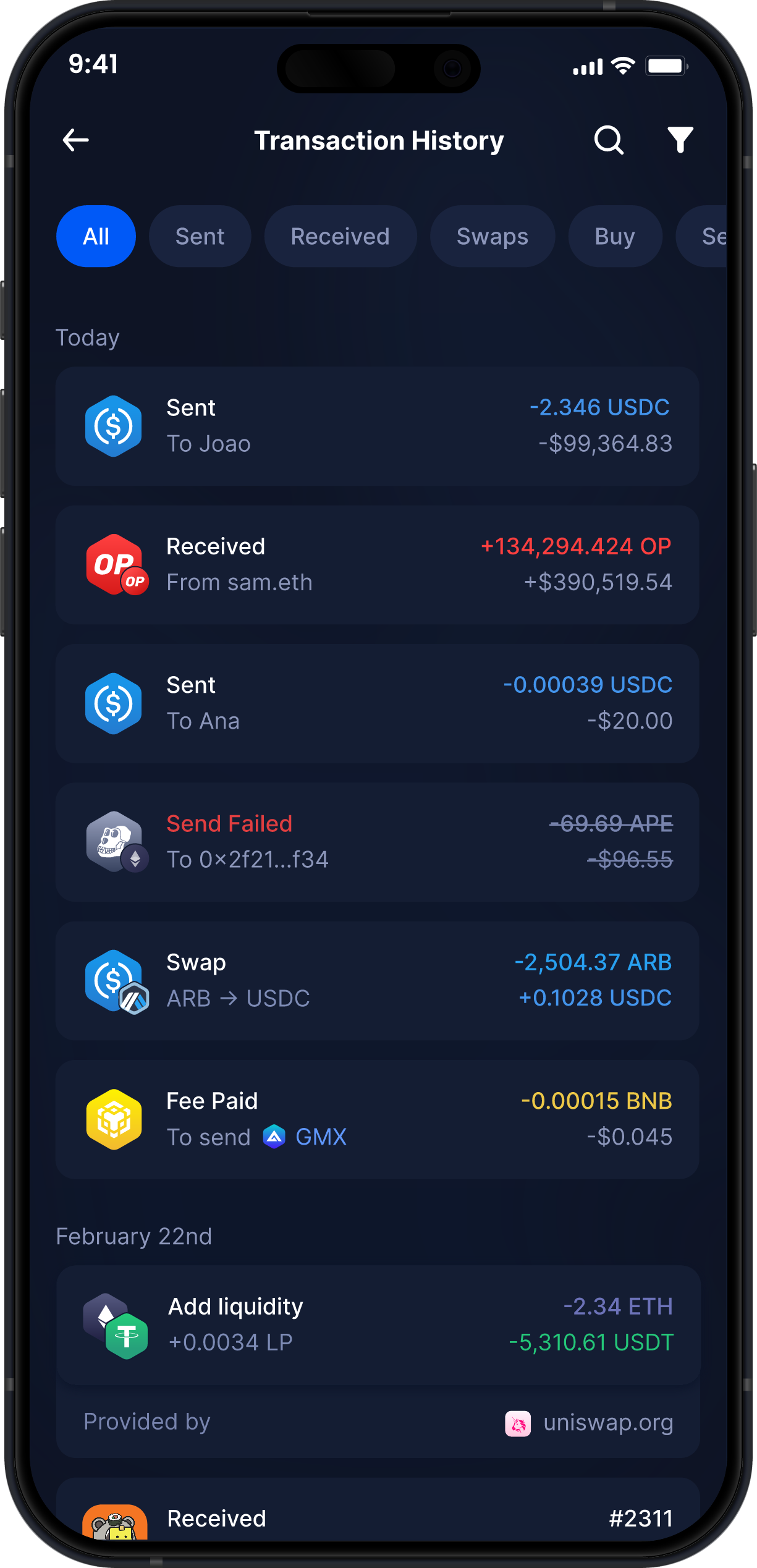 Infinity Mobile USD Coin Wallet - Complete USDC Transaction History