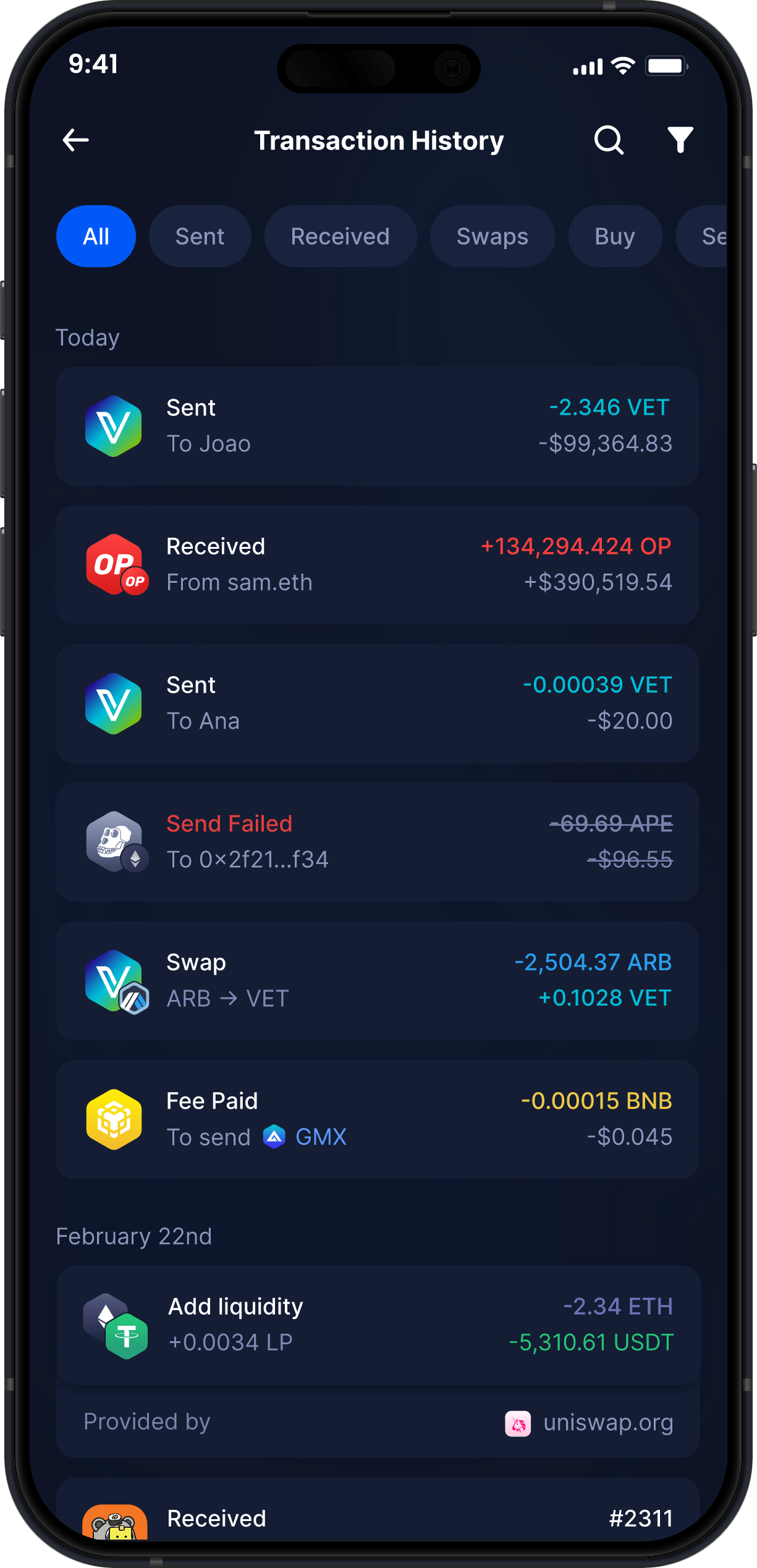 Infinity Mobile Vechain Wallet - Complete VET Transaction History