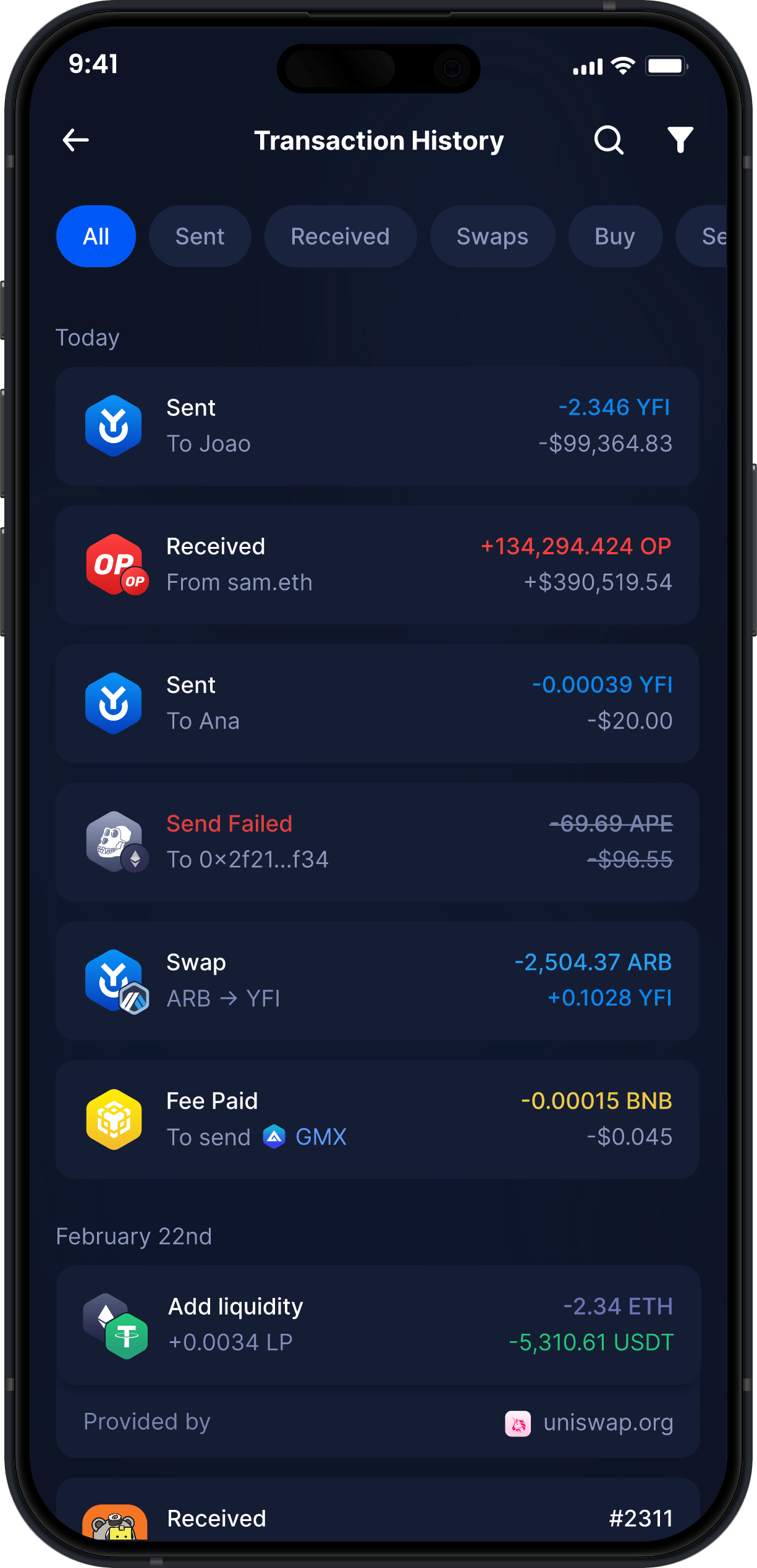 Infinity Mobile Yearn Finance Wallet - Complete YFI Transaction History