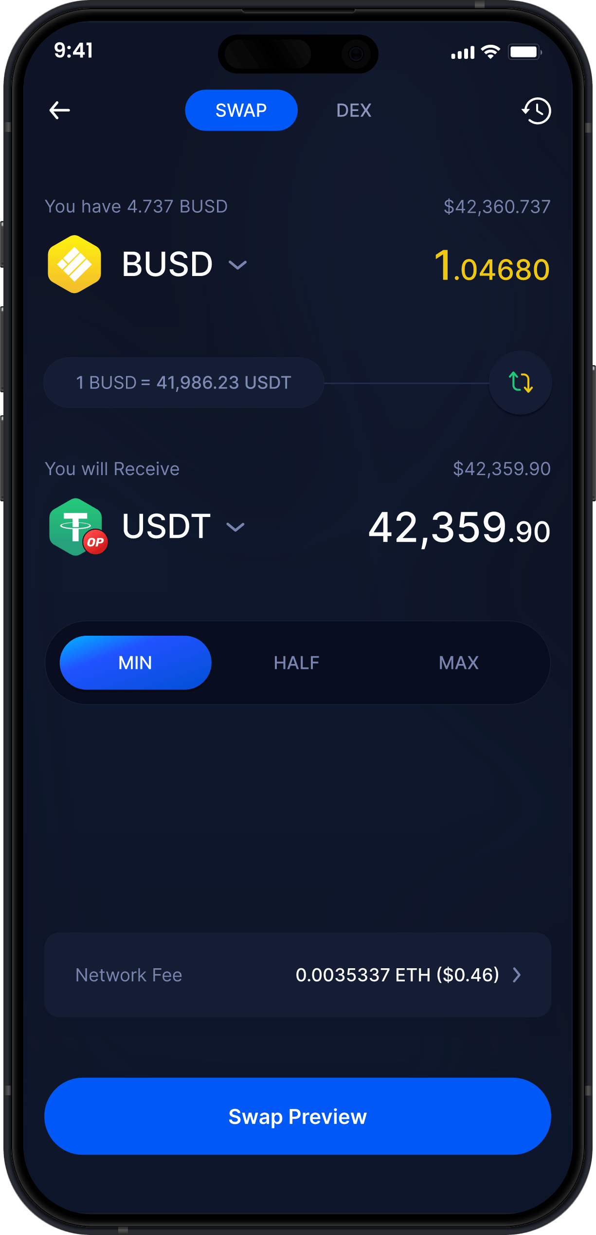 Infinity Mobile Binance USD Wallet - Swap BUSD