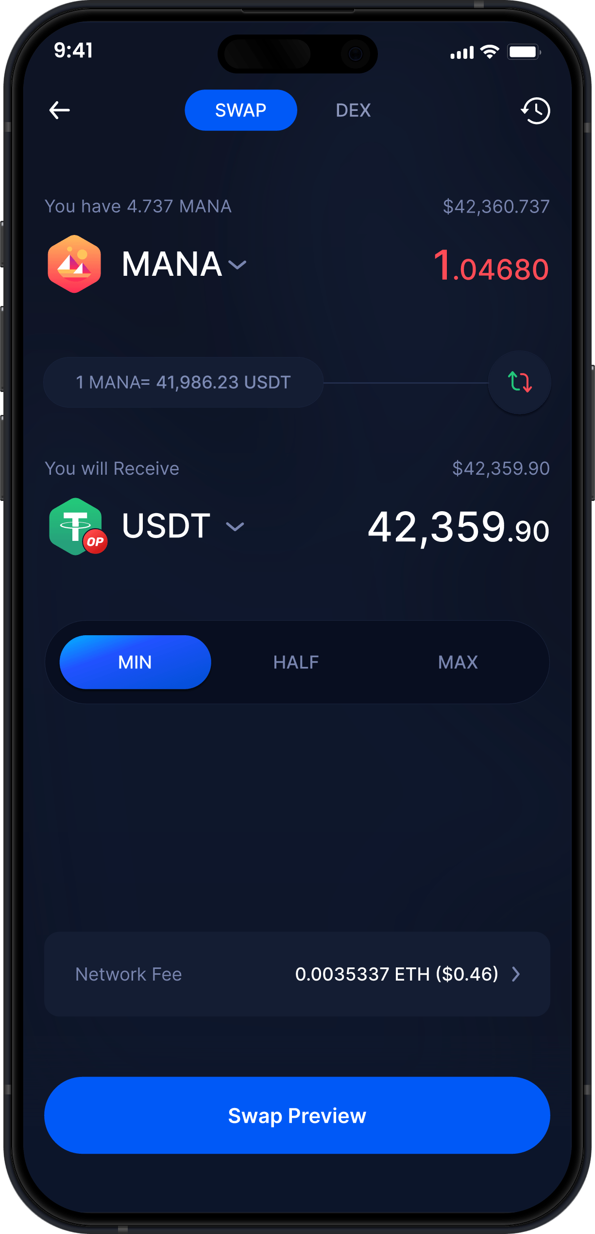 Portefeuille Mobile Decentraland Infinity - Échanger MANA