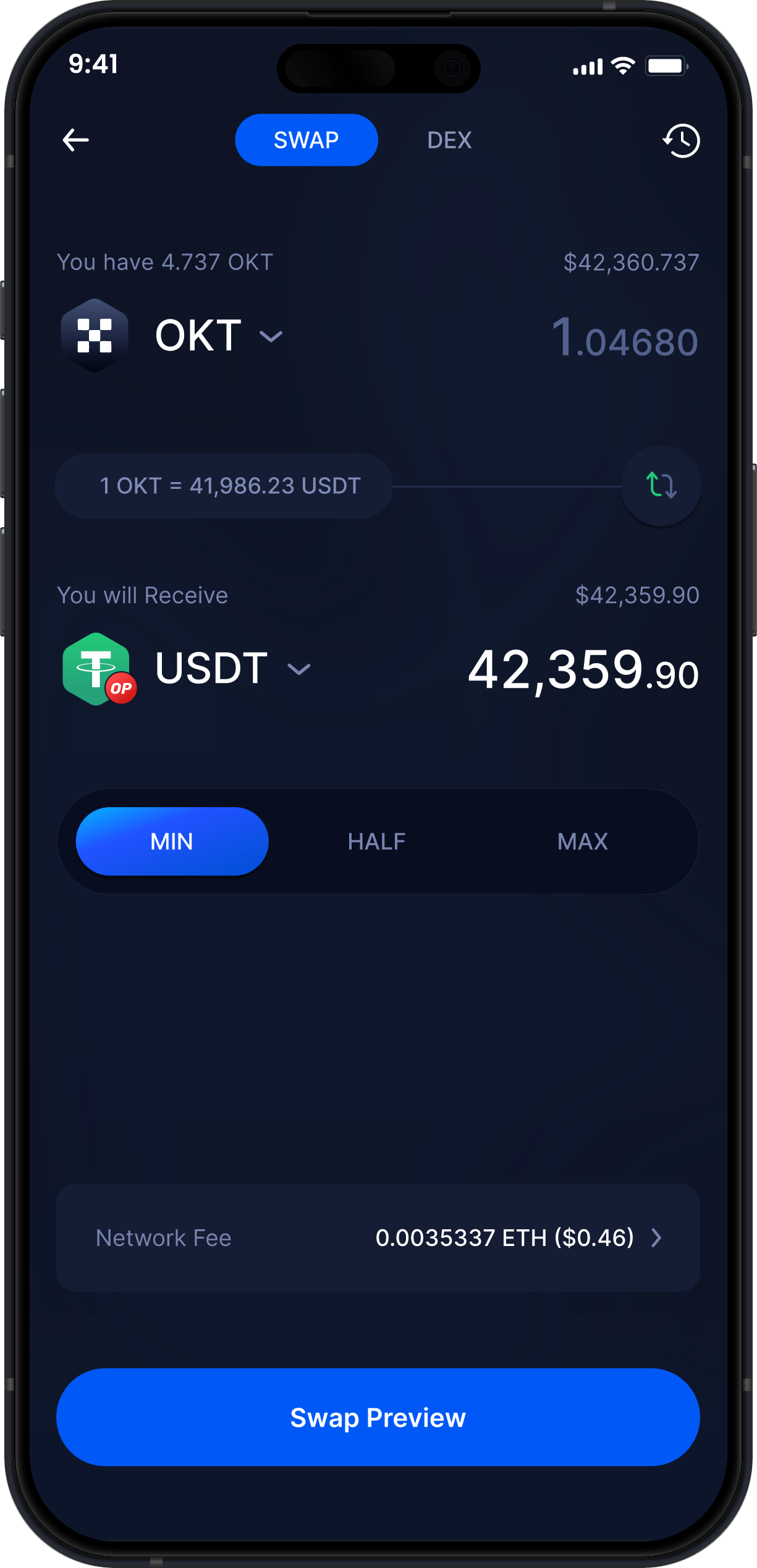 Infinity Mobile OKC Tokenウォレット - OKTのスワップ