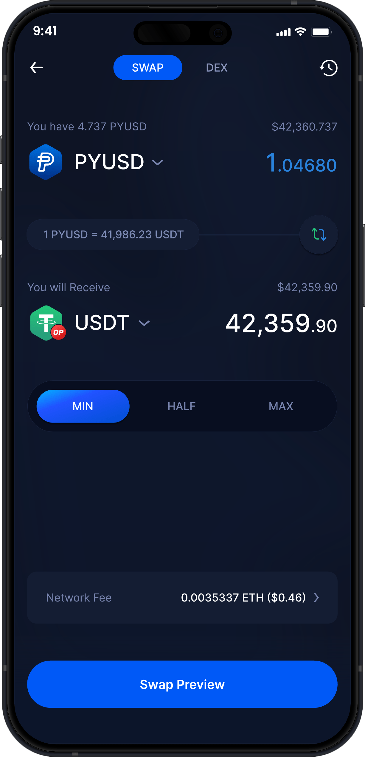 Portefeuille Mobile PayPal USD Infinity - Échanger PYUSD