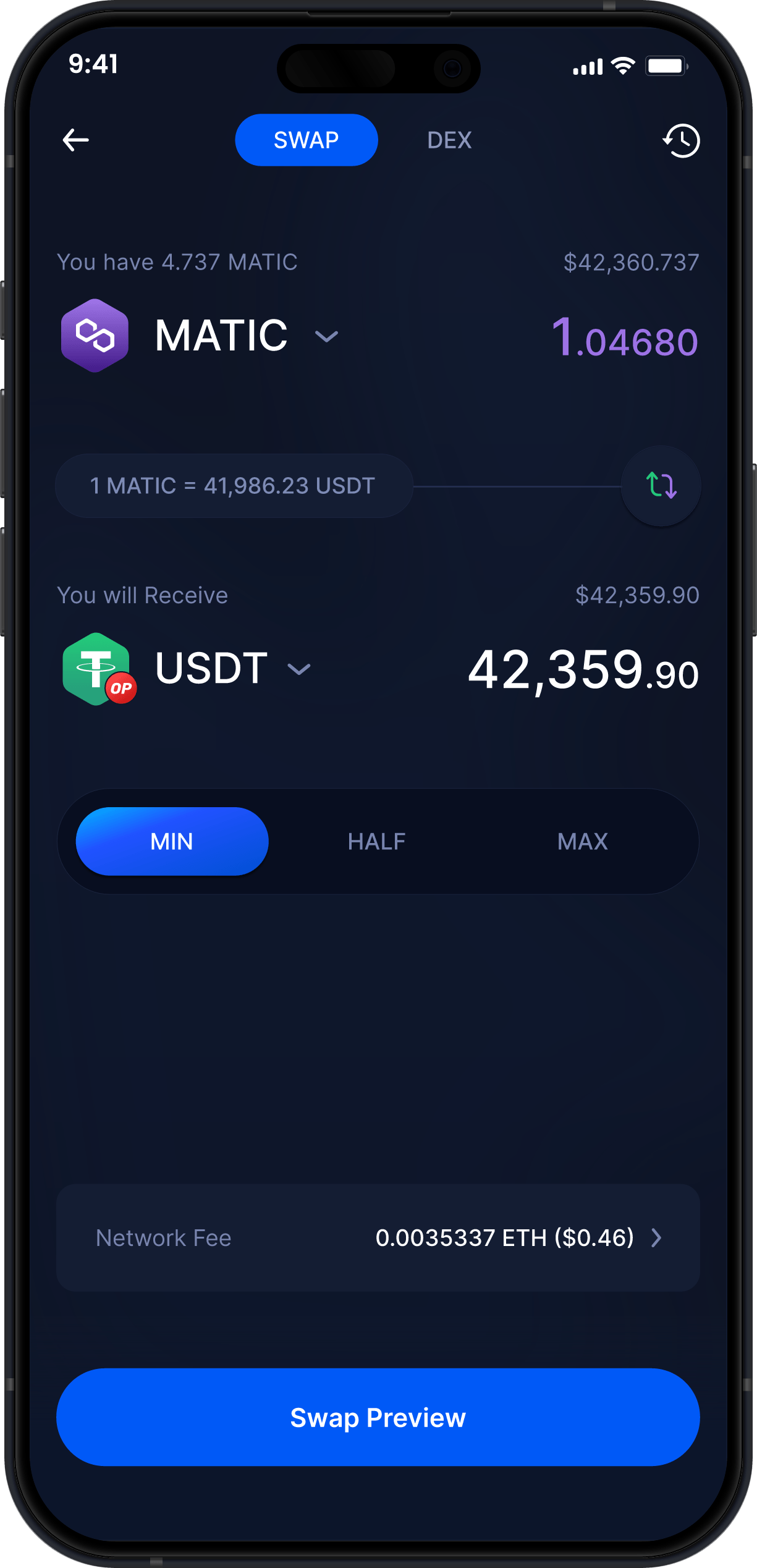 Infinity Mobile Polygon Wallet - Swap POL