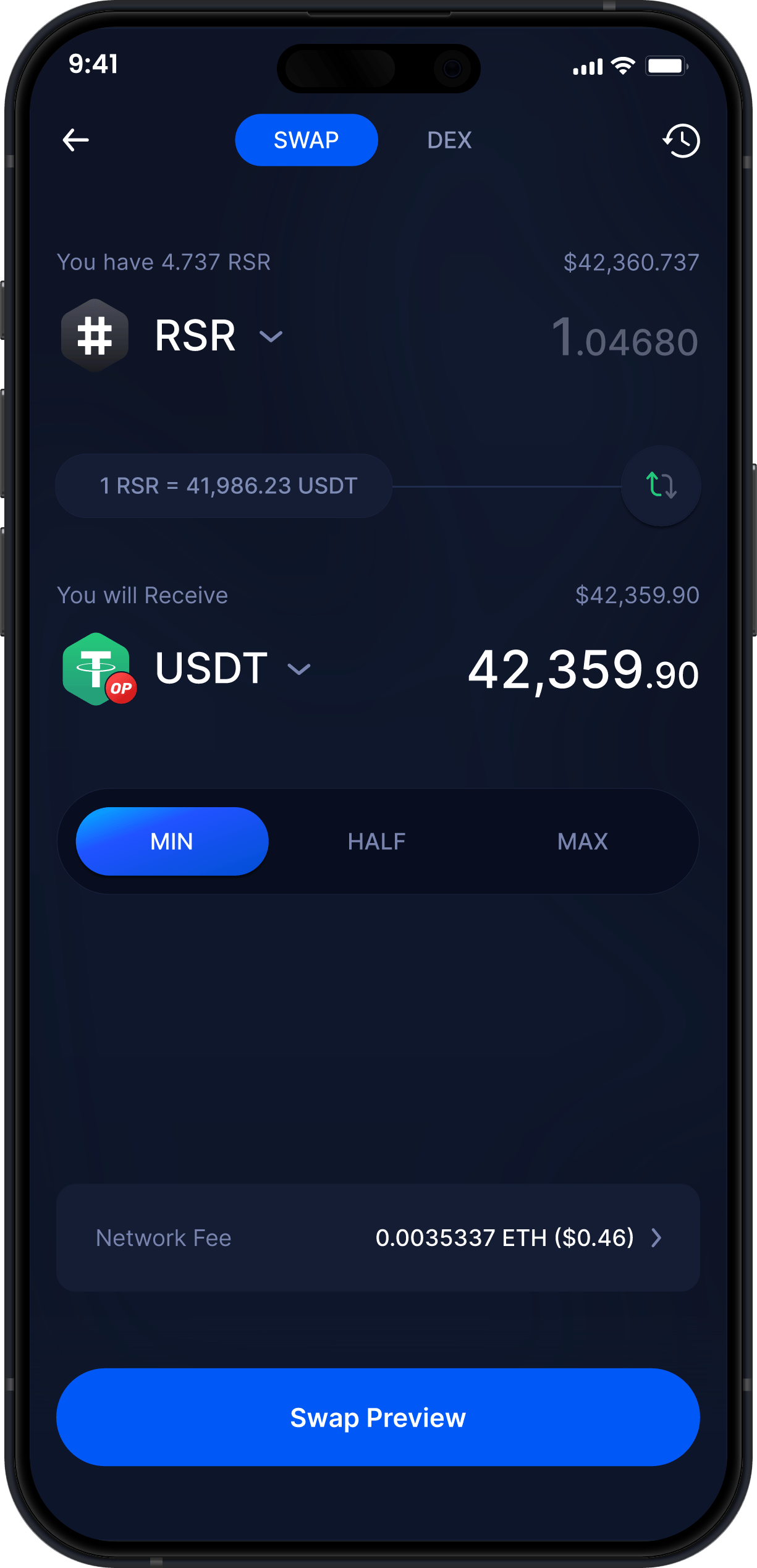 Infinity Mobile Reserve Rights Wallet - Swap RSR