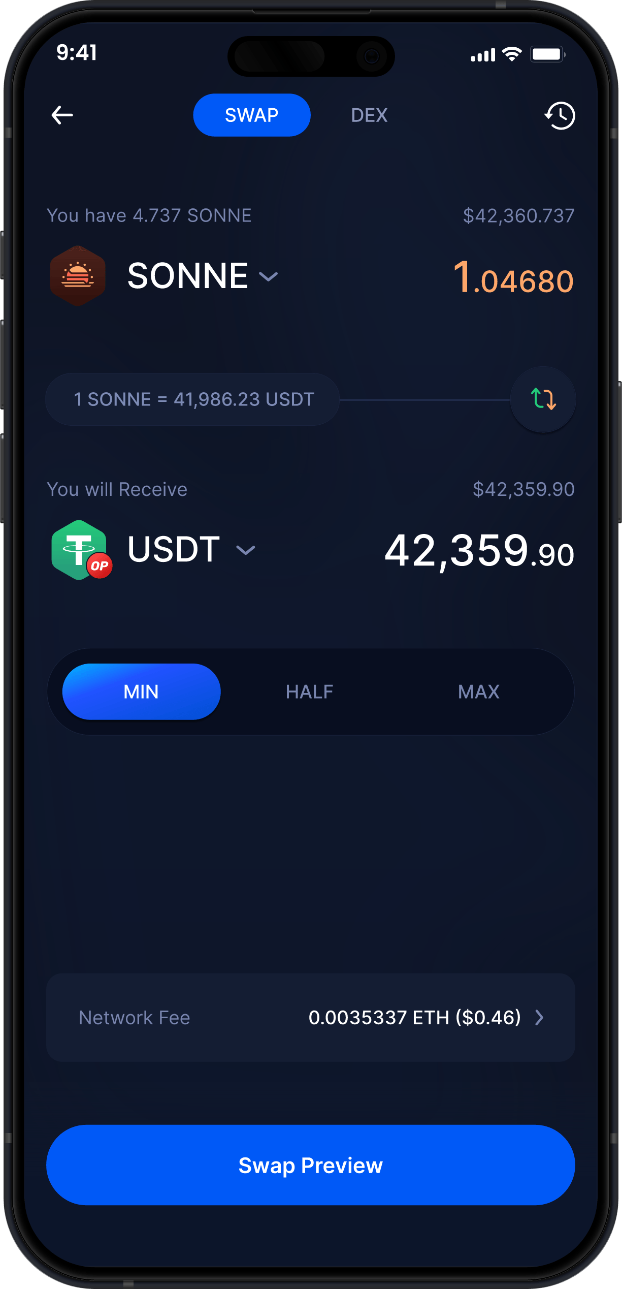 Portefeuille Mobile Sonne Finance Infinity - Échanger SONNE