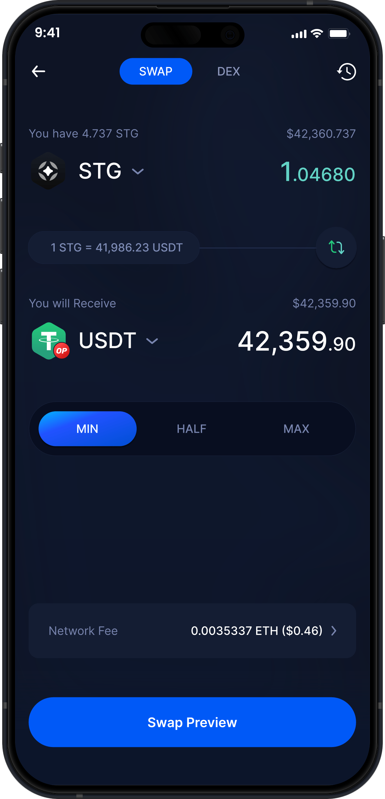 Wallet Stargate Finance Móvil de Infinity - Intercambiar STG