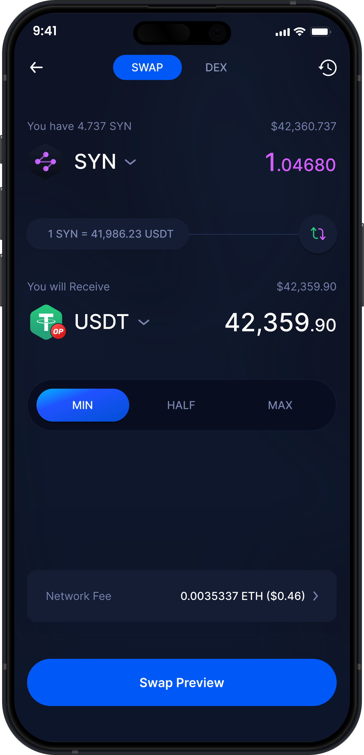 Infinity Mobile Synapse Wallet - Swap SYN