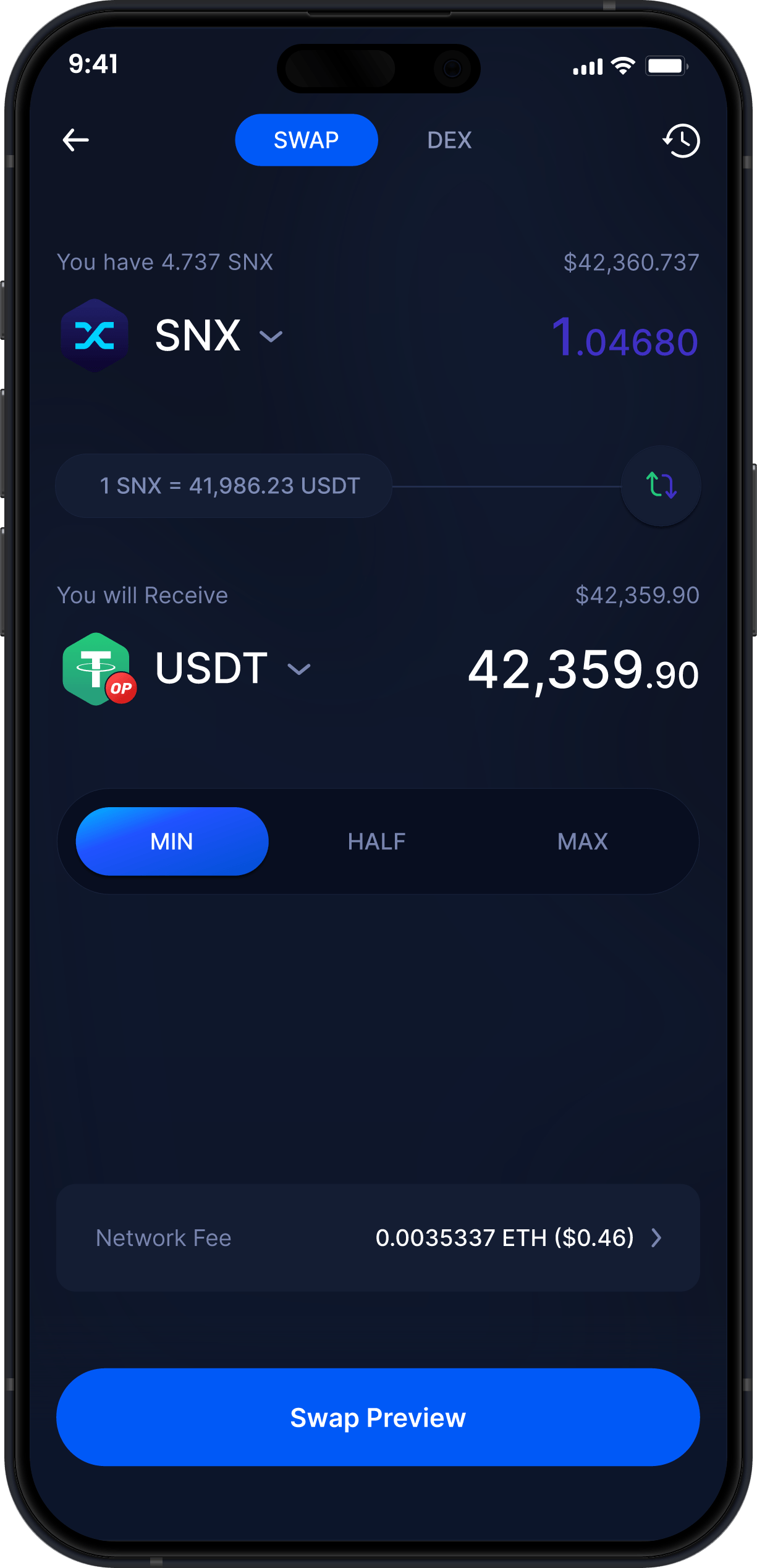 Infinity Mobile Synthetix Wallet - Swap SNX