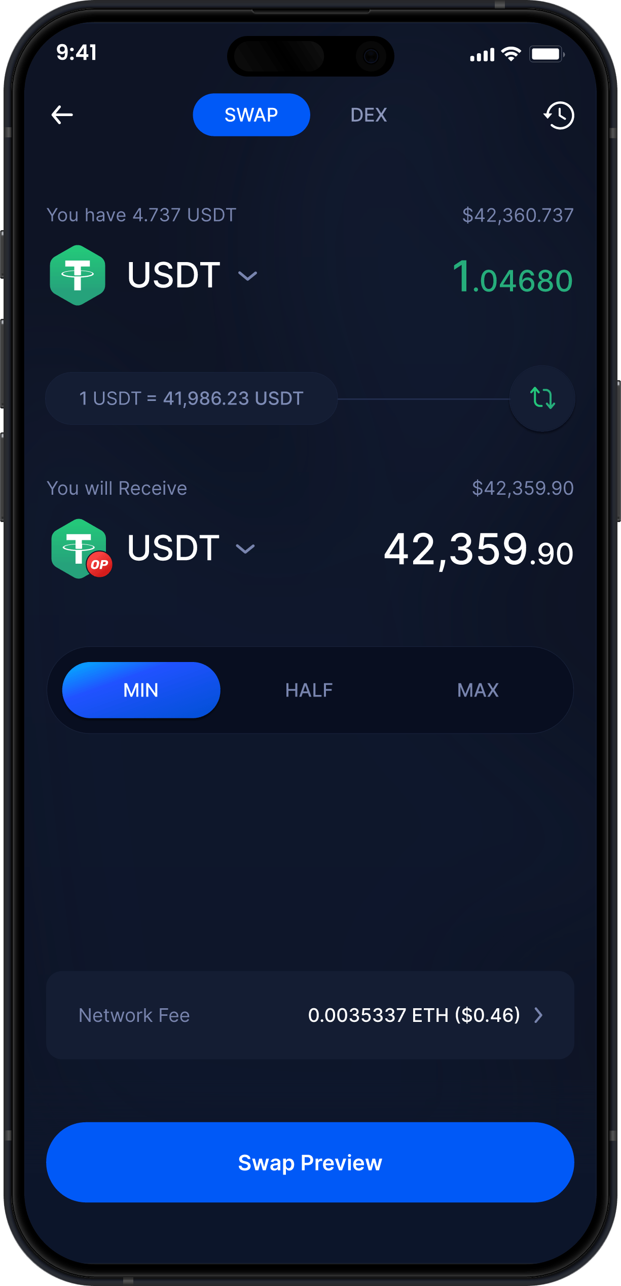 Кошелёк Infinity для мобильных устройств - Обменять USDT