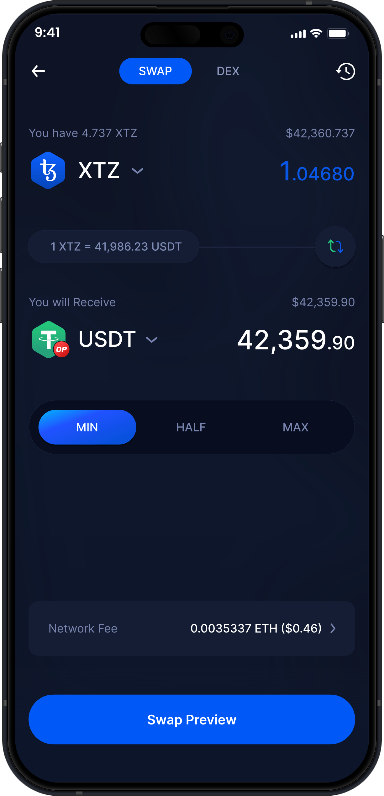 Infinity Mobile Tezos Wallet - Swap XTZ