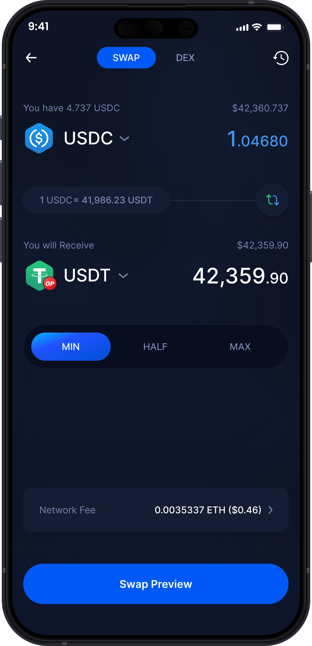 Infinity Mobile USD Coinウォレット - USDCのスワップ