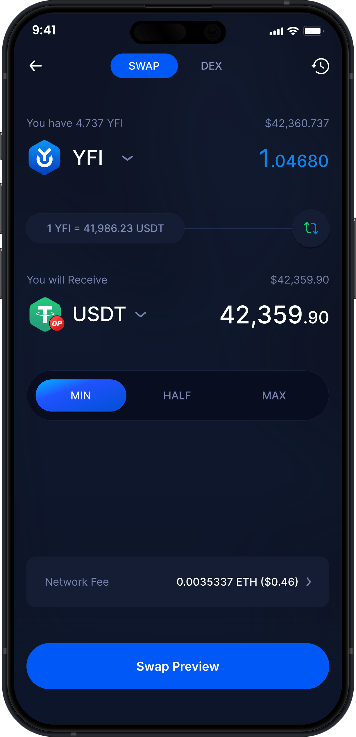 Infinity Mobile Yearn Finance Wallet - Swap YFI