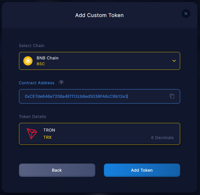 Entering the contract address for a custom token