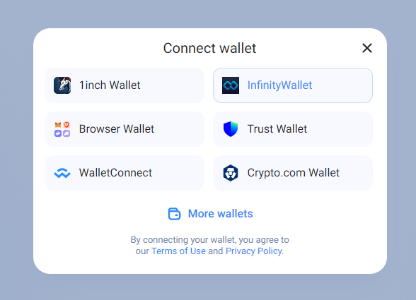 Choosing the Infinity Wallet connection option