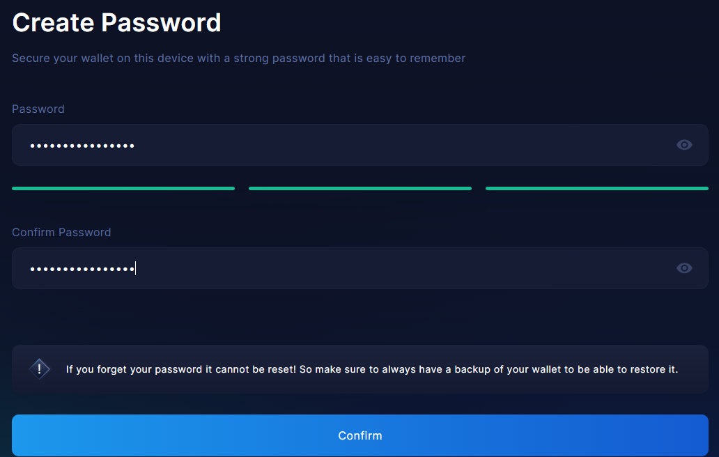 Entering and confirming a password