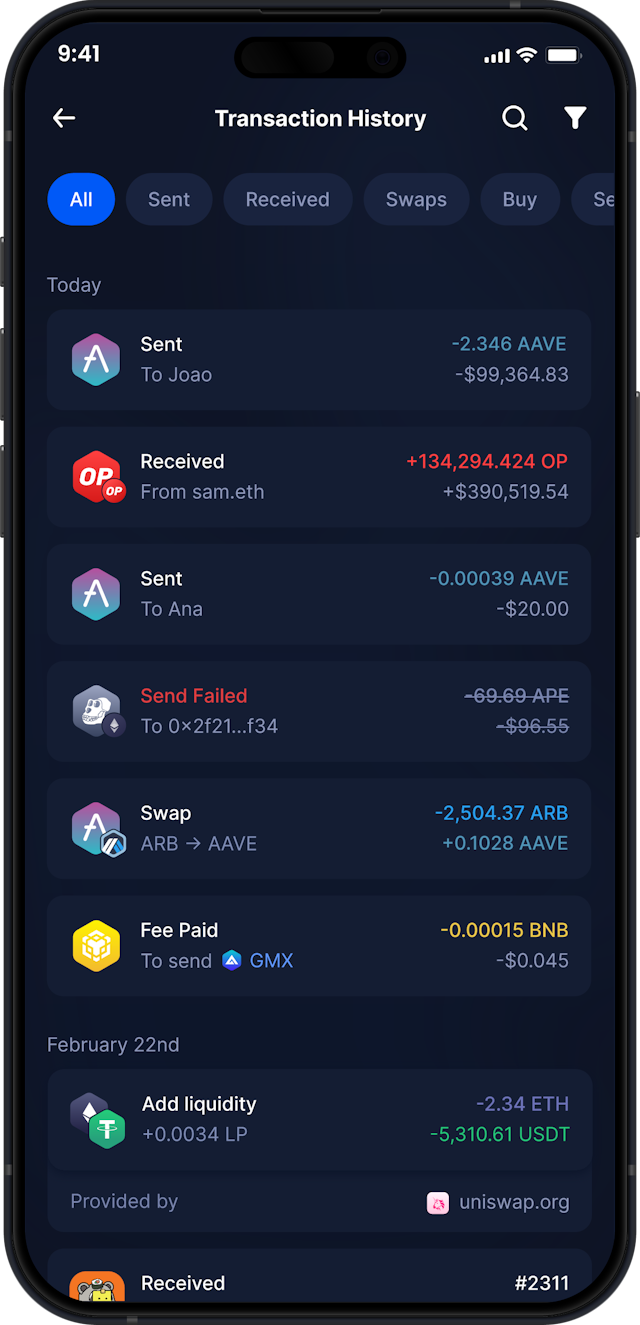 Infinity Mobile Aave Wallet - Complete AAVE Transaction History