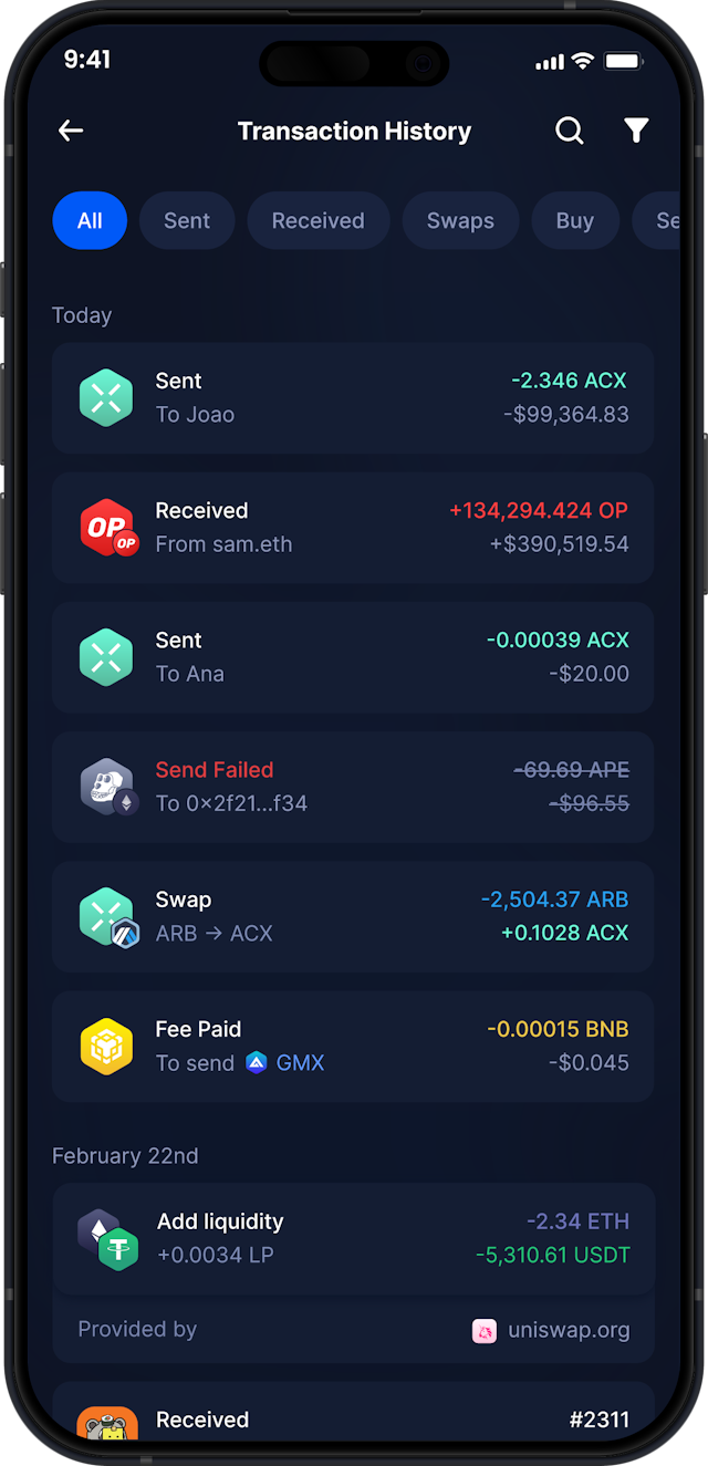 Infinity Mobile Across Protocol Wallet - Complete ACX Transaction History