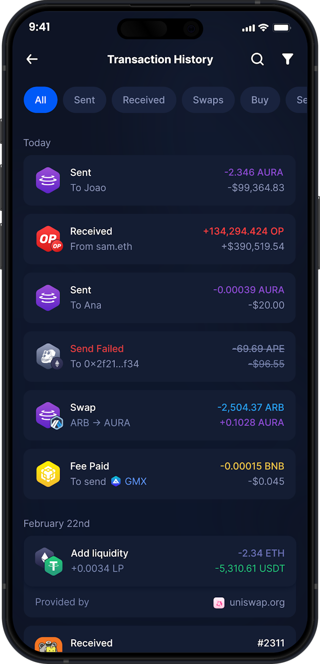 Infinity Mobile Aura Wallet - Complete AURA Transaction History