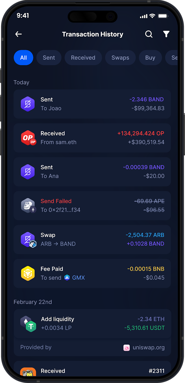 Infinity Mobile Band Protocol Wallet - Complete BAND Transaction History