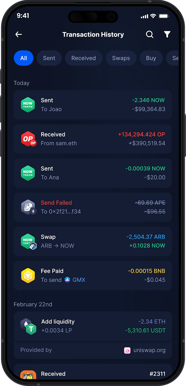 Infinity Mobile ChangeNow Wallet - Complete NOW Transaction History
