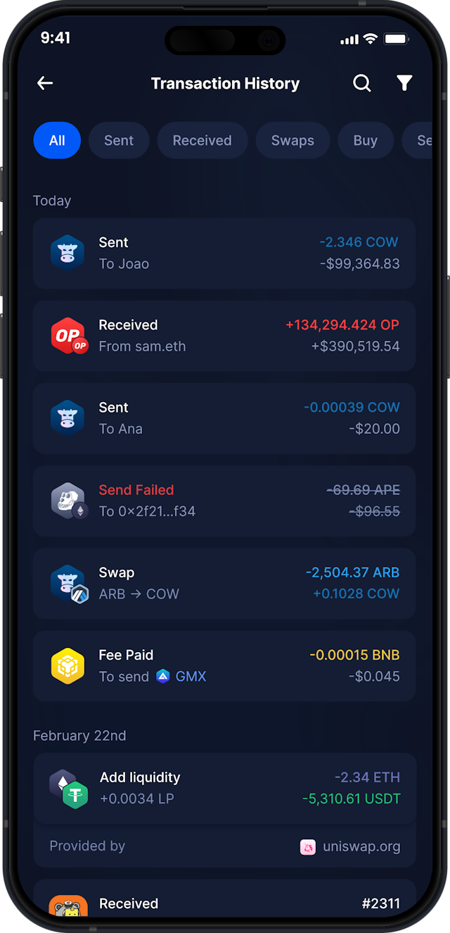 Infinity Mobile CoW Protocol Wallet - Vollständige COW Transaktionshistorie