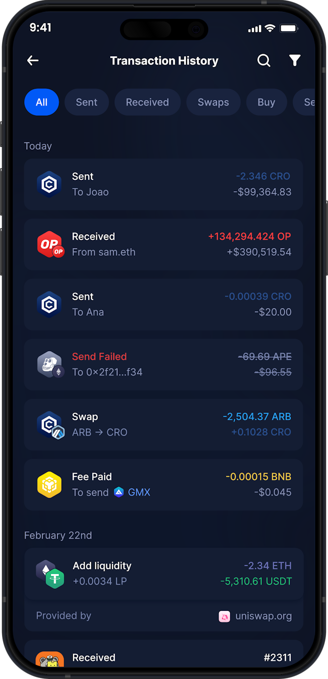 Infinity Mobile Cronos Wallet - Complete CRO Transaction History