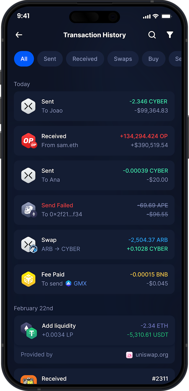 Infinity Mobile CyberConnect Wallet - Complete CYBER Transaction History