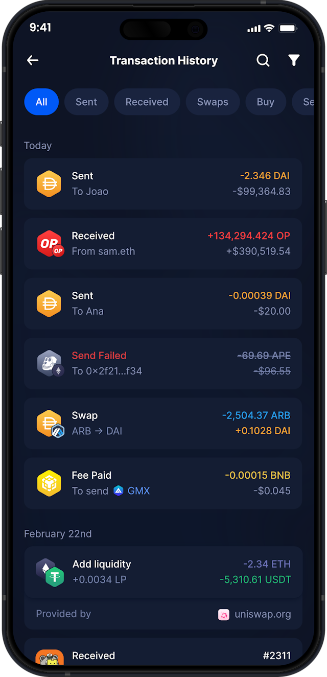Infinity Mobile Dai Wallet - Complete DAI Transaction History
