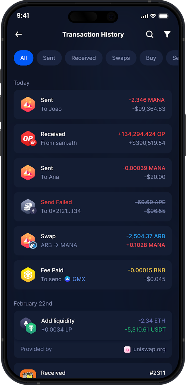 Infinity Mobile Decentraland Wallet - Complete MANA Transaction History