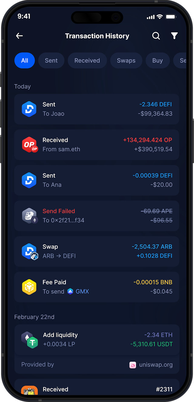 Infinity Mobile DeFi Wallet - Complete DEFI Transaction History