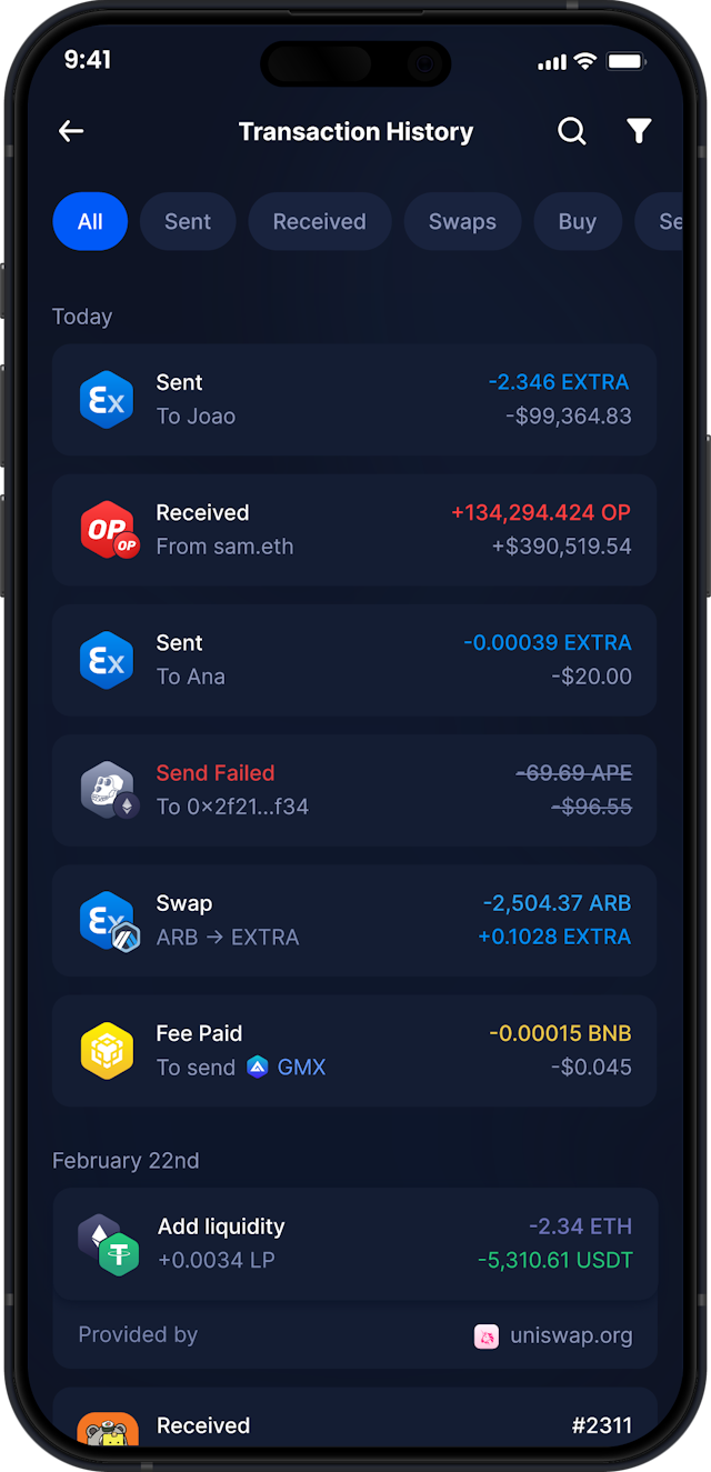 Infinity Mobile Extra Finance Wallet - Complete EXTRA Transaction History