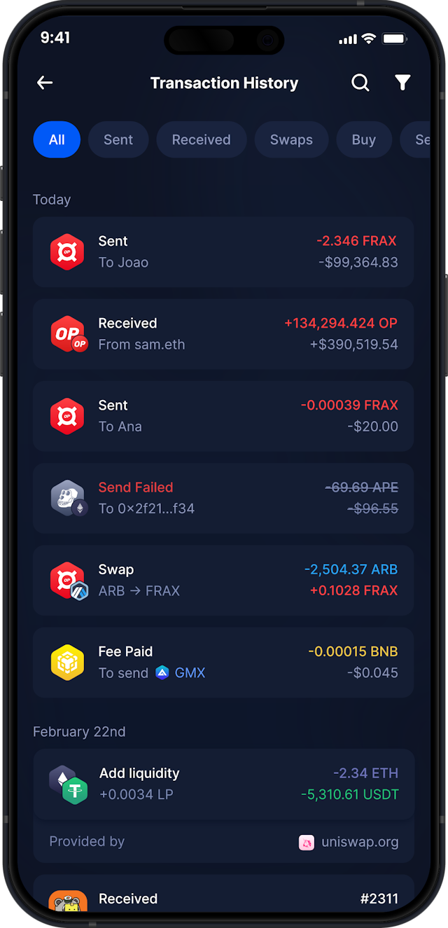 Infinity Mobile Frax Wallet - Complete FRAX Transaction History