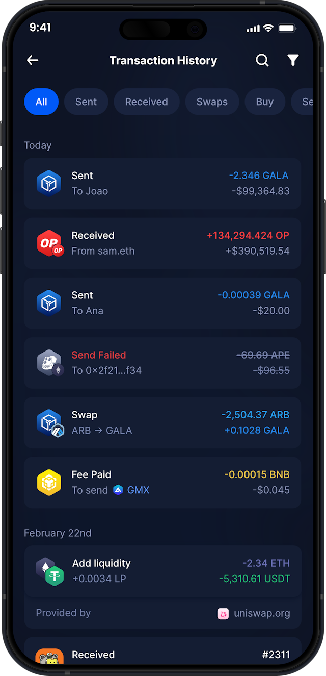 Infinity Mobile Gala Wallet - Complete GALA Transaction History