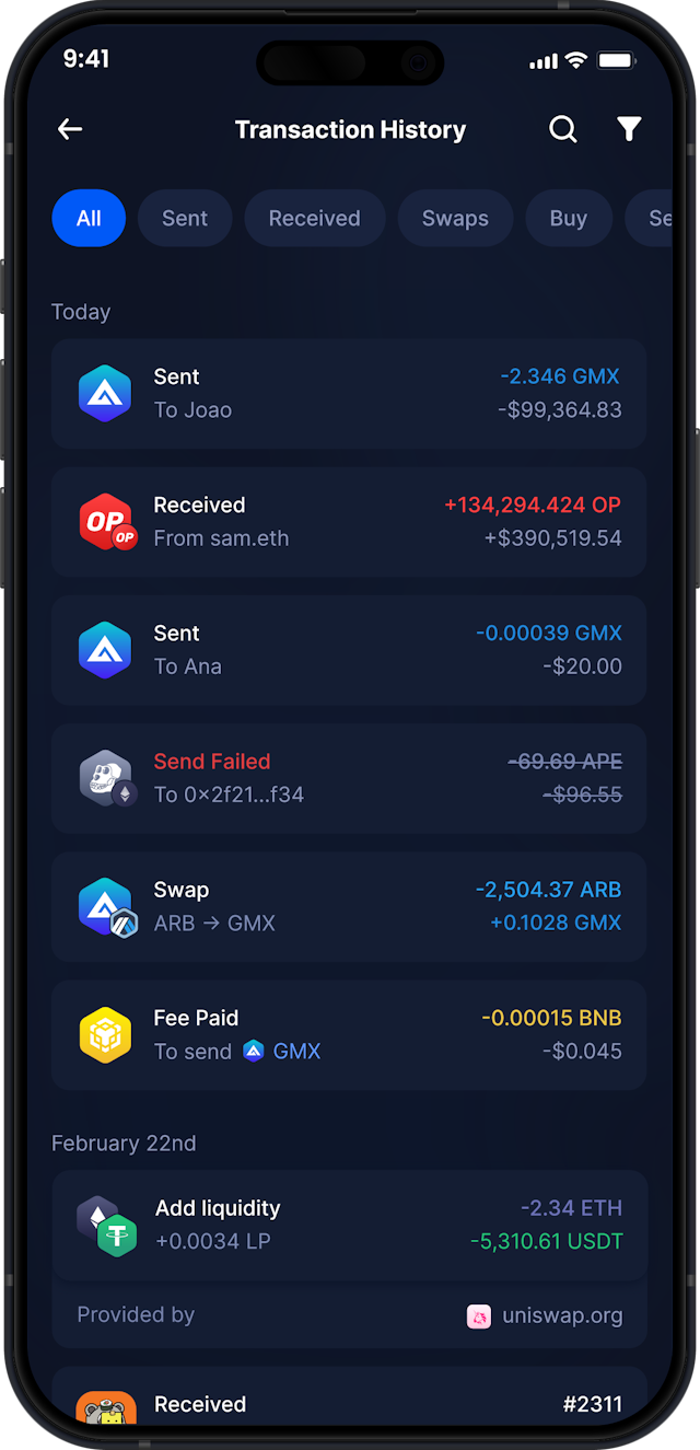 Infinity Mobile GMX Wallet - Complete GMX Transaction History