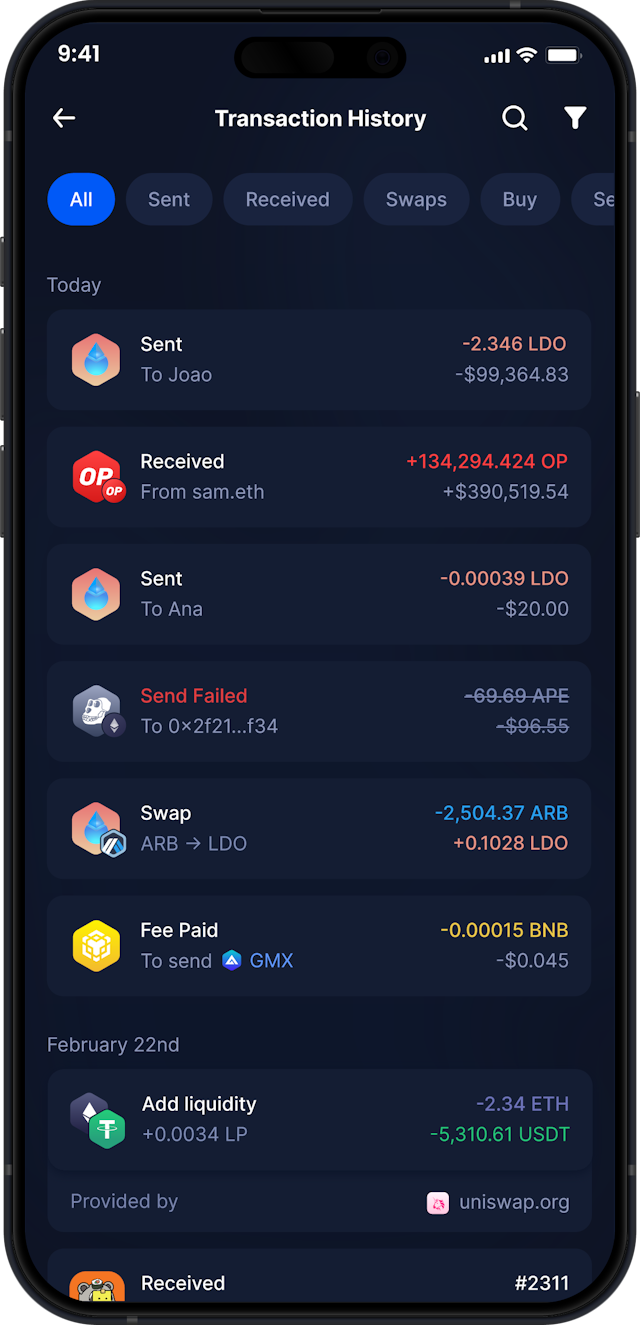 Infinity Mobile Lido DAO Wallet - Complete LDO Transaction History