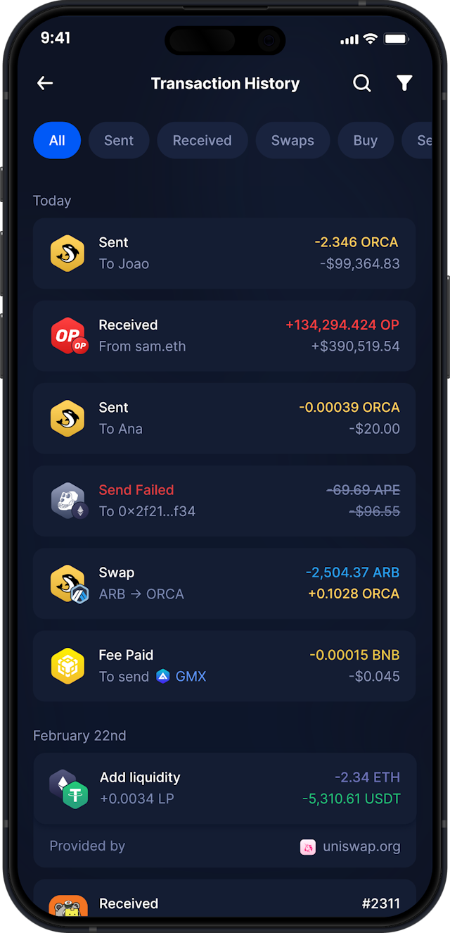 Infinity Mobile Orca Wallet - Complete ORCA Transaction History