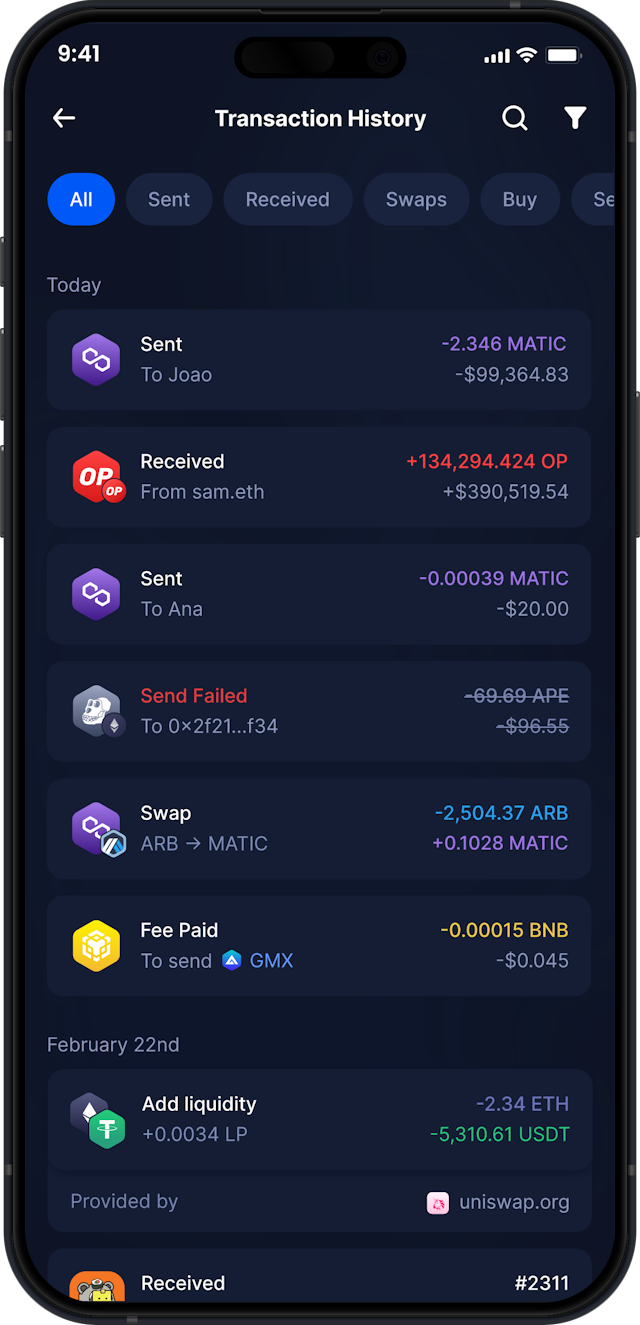 Infinity Mobile Polygon Wallet - Complete MATIC Transaction History