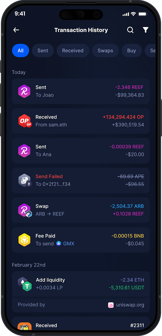 Infinity Mobile Reef Wallet - Complete REEF Transaction History