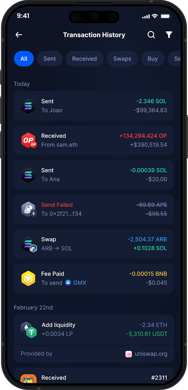 Infinity Mobile Solana Wallet - Complete SOL Transaction History