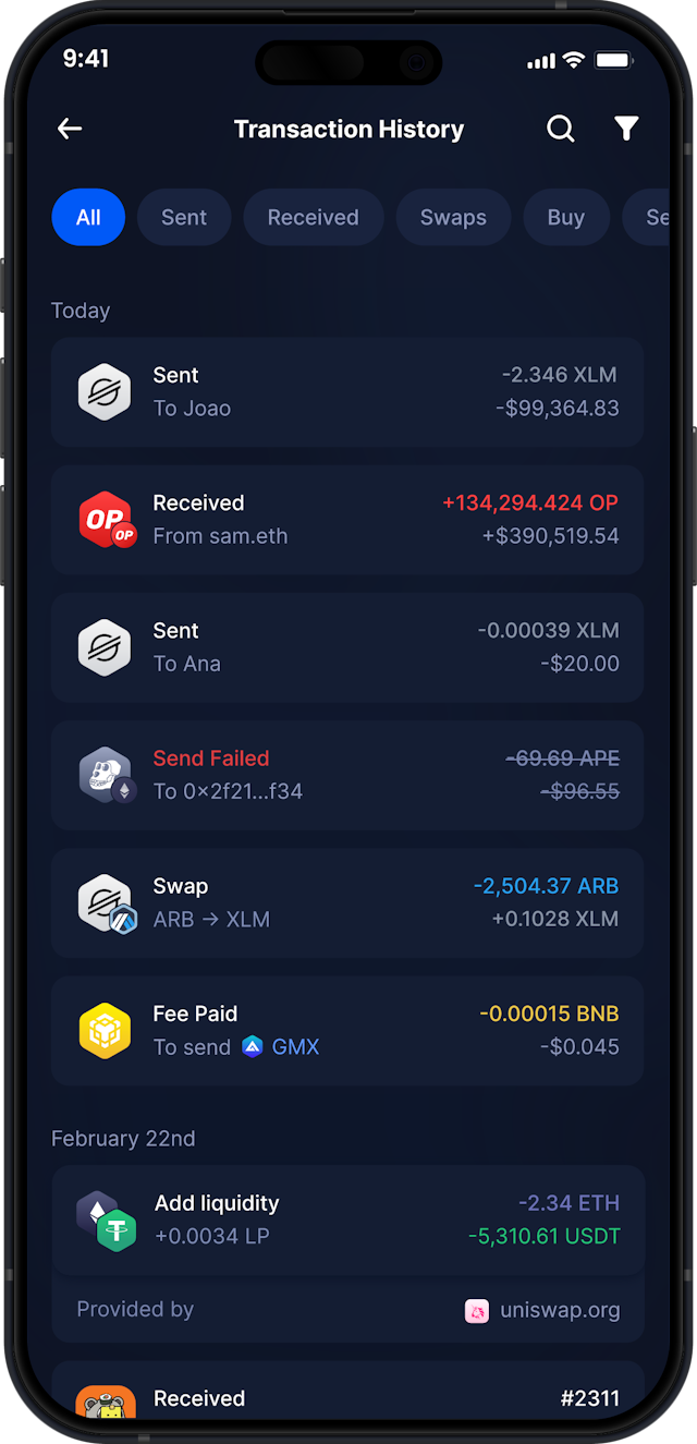 Infinity Mobile Stellar Wallet - Complete XLM Transaction History