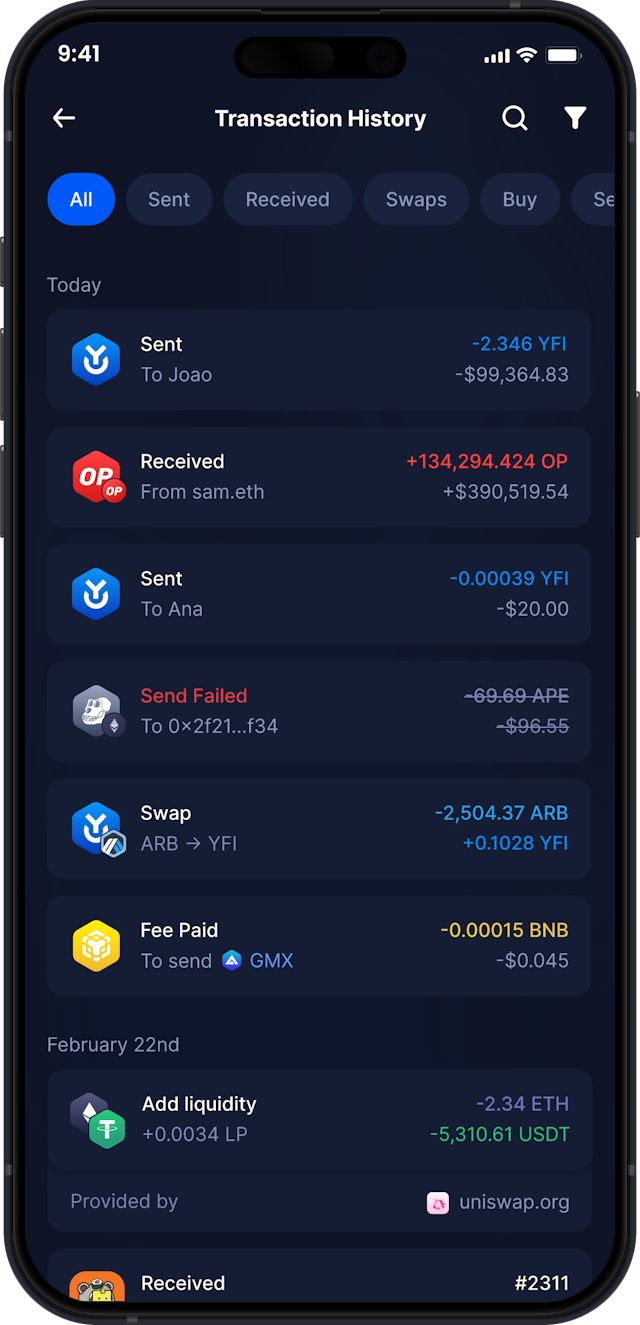 Infinity Mobile Yearn Finance Wallet - Complete YFI Transaction History