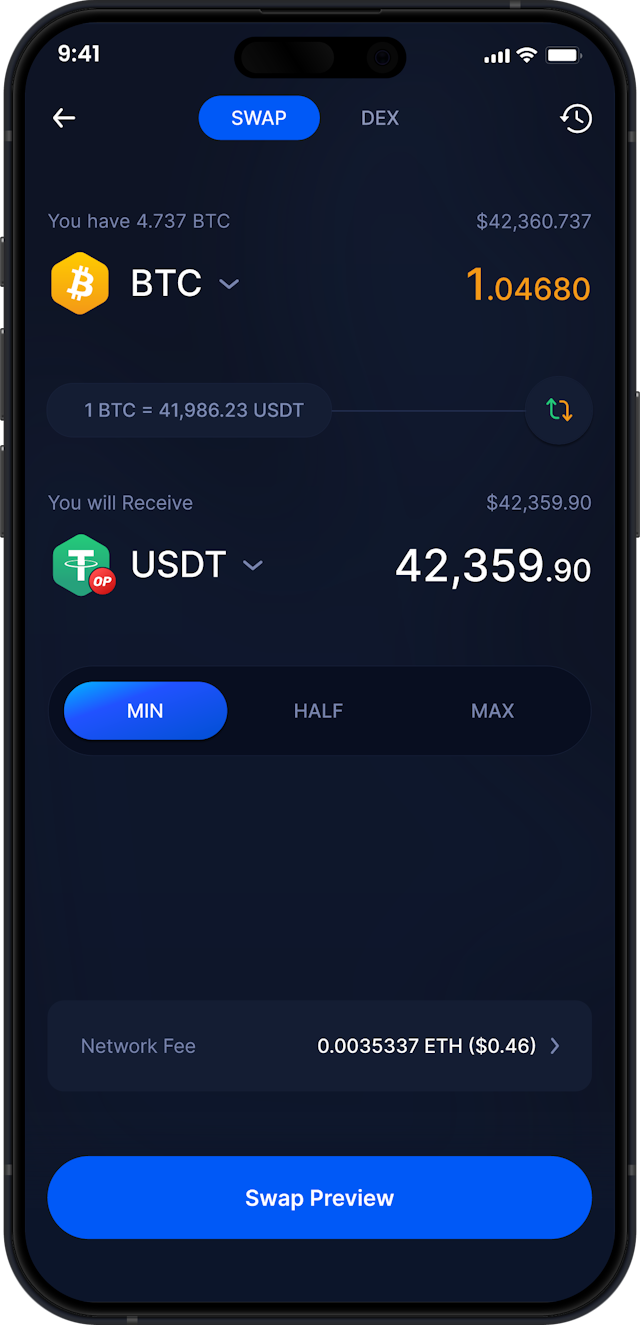 Infinity Mobile Bitcoin Wallet - Swap BTC