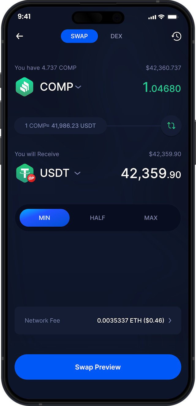 Infinity Mobile Compound Wallet - Swap COMP