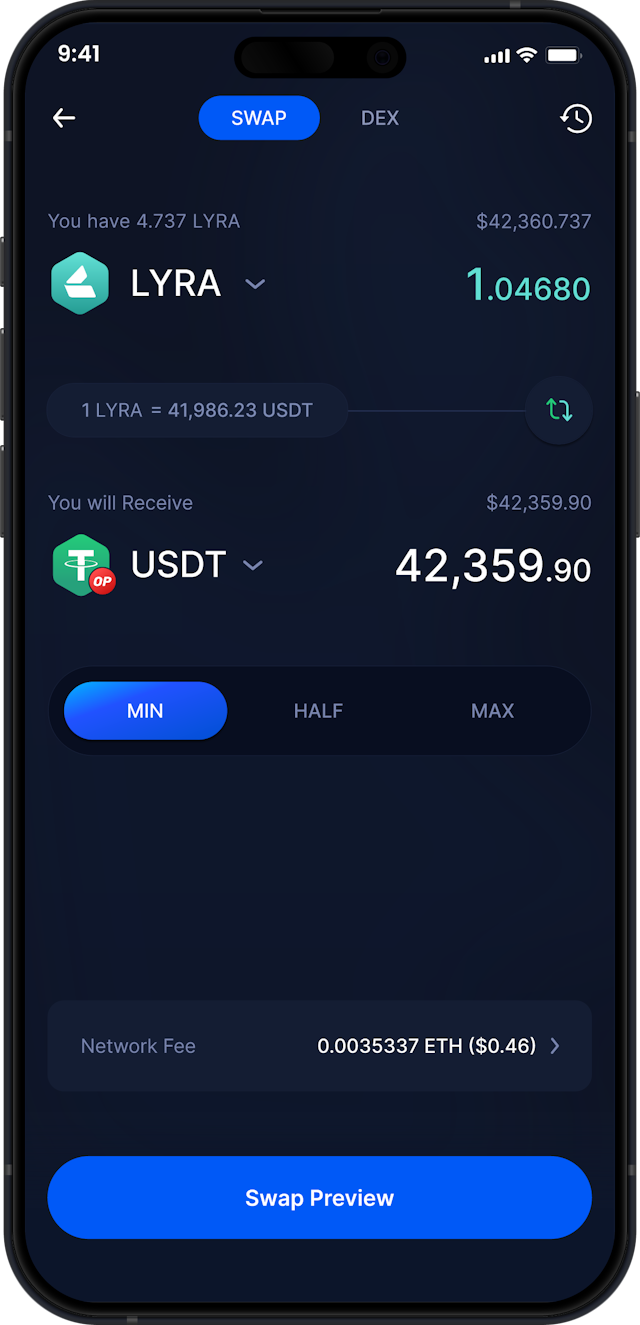 Infinity Mobile Lyra Wallet - Swap LYRA