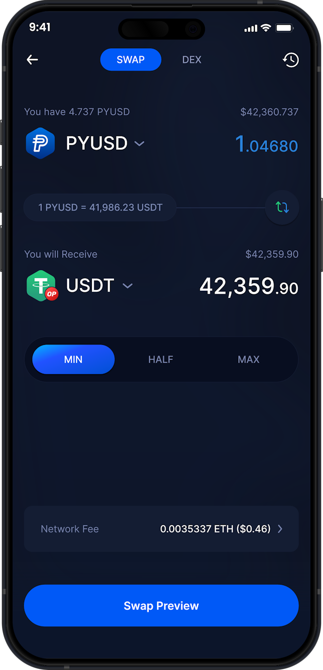Infinity Mobile PayPal USD Wallet - Swap PYUSD