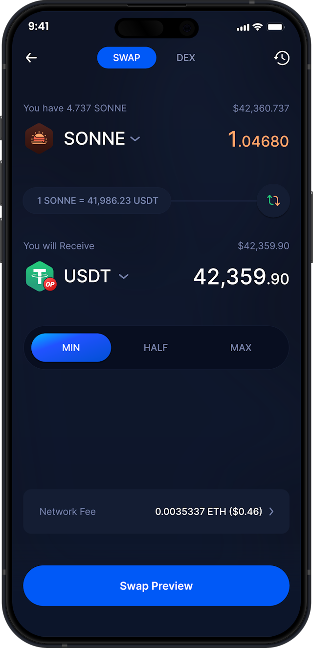 Infinity Mobile Sonne Finance Wallet - Swap SONNE