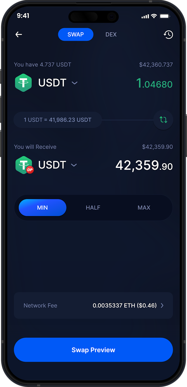 Infinity Mobile Tether Wallet - Swap USDT